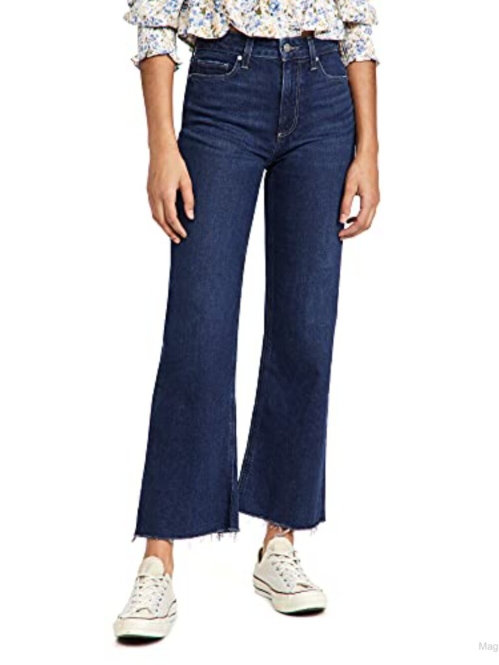 High Rise Wide Leg Ankle Jeans Raw Hem Relaxed Fit 5-Pocket Cotton Blend